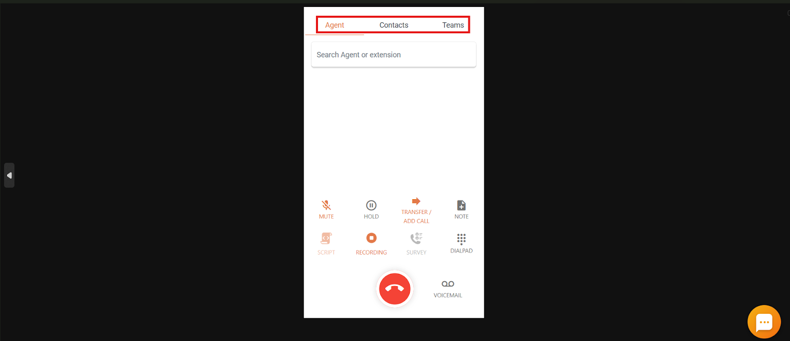 Three options shown after clicking Transfer / Add Call: Agent, Contacts and Teams