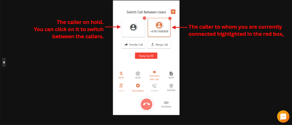 Explanation of how the active caller is highlighted and the other caller is on hold