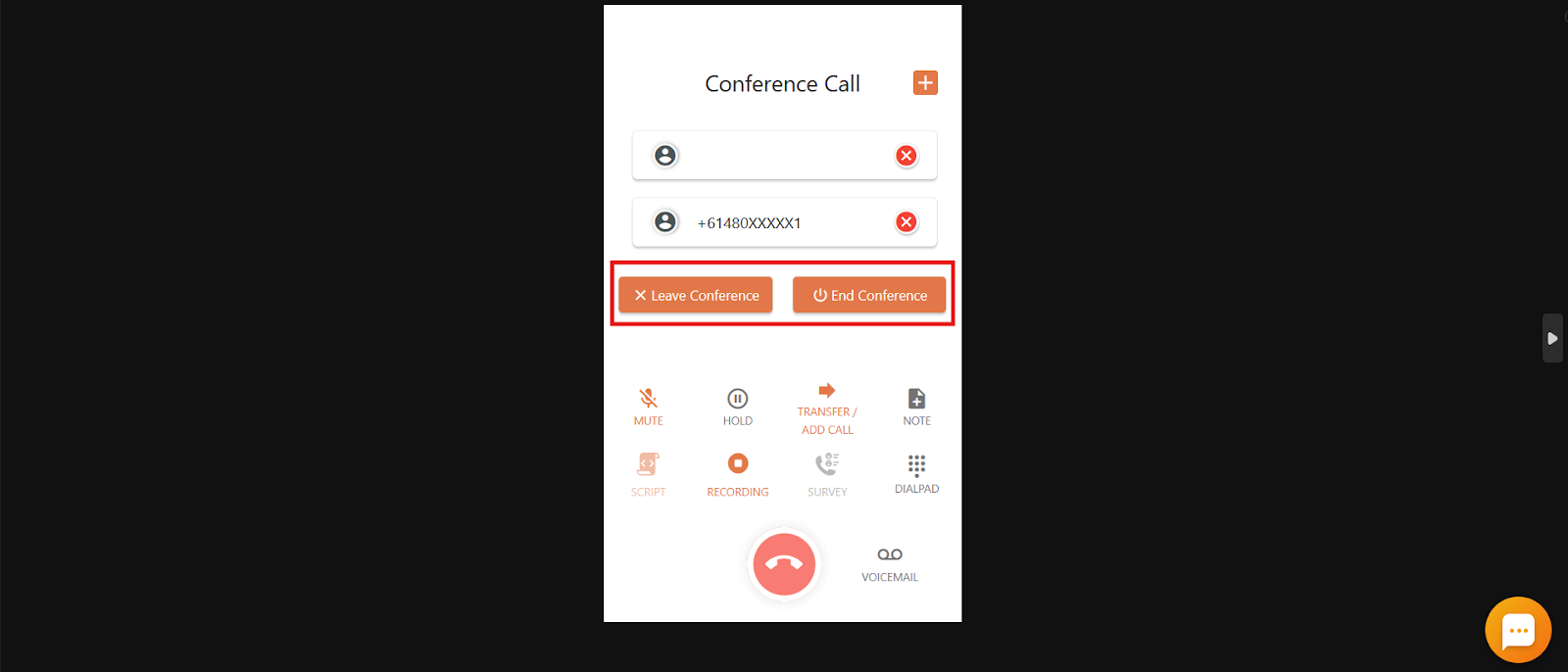 Conference Call screen showing Leave Conference and End Conference buttons