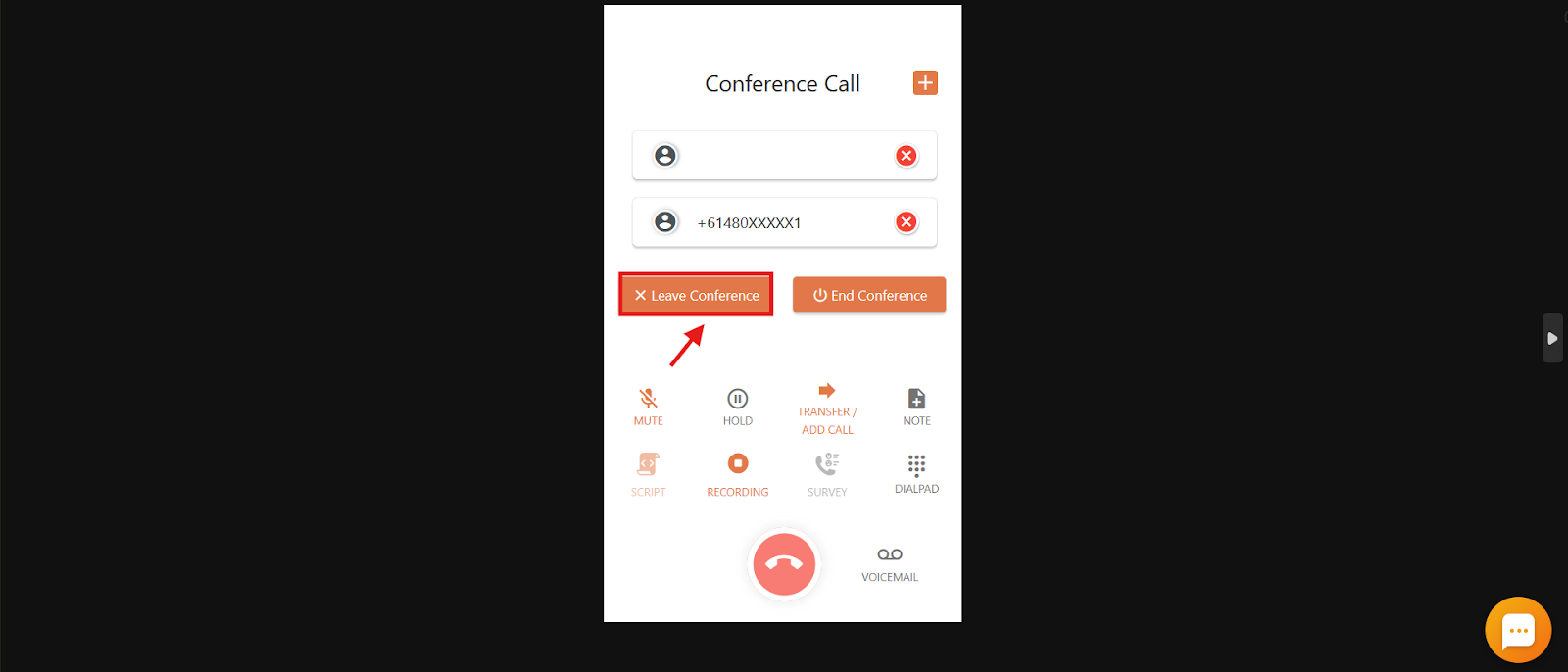 Leave Conference button highlighted so other participants stay connected