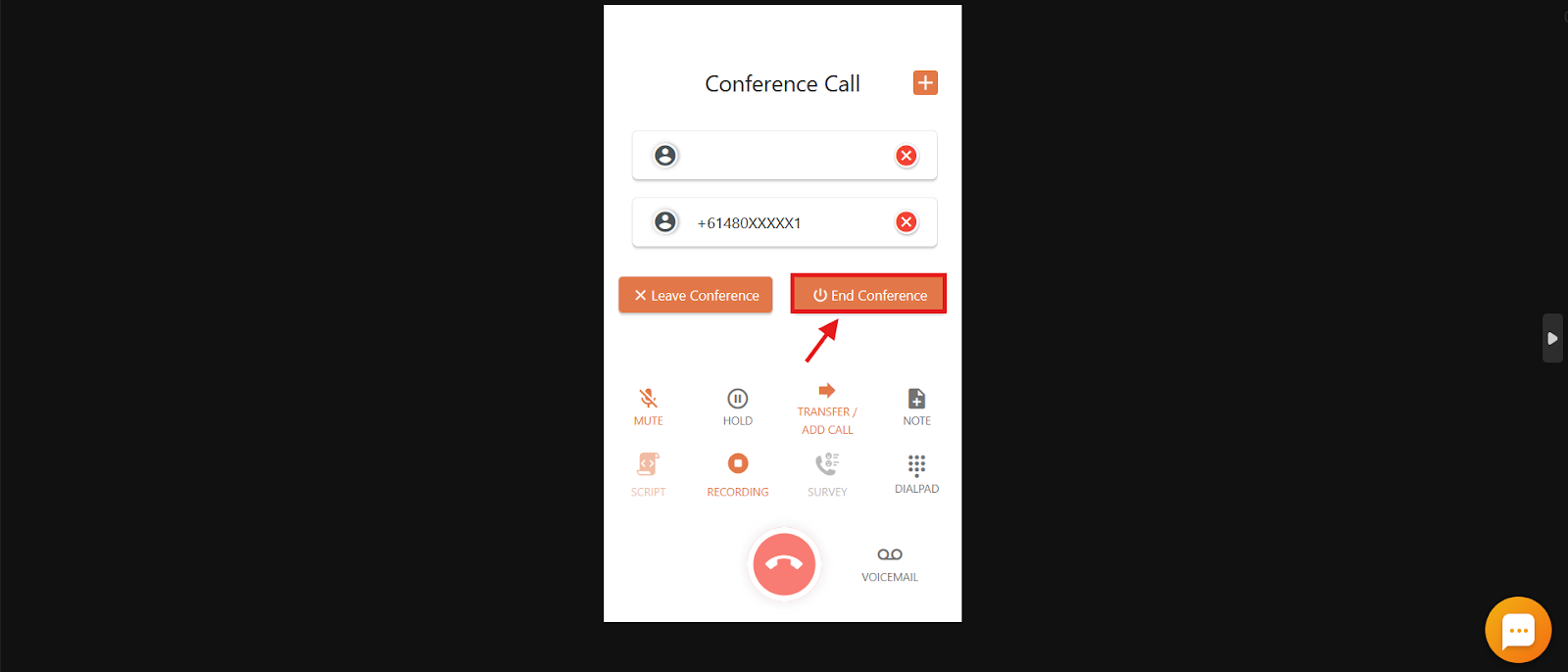 End Conference button highlighted to end the call for everyone
