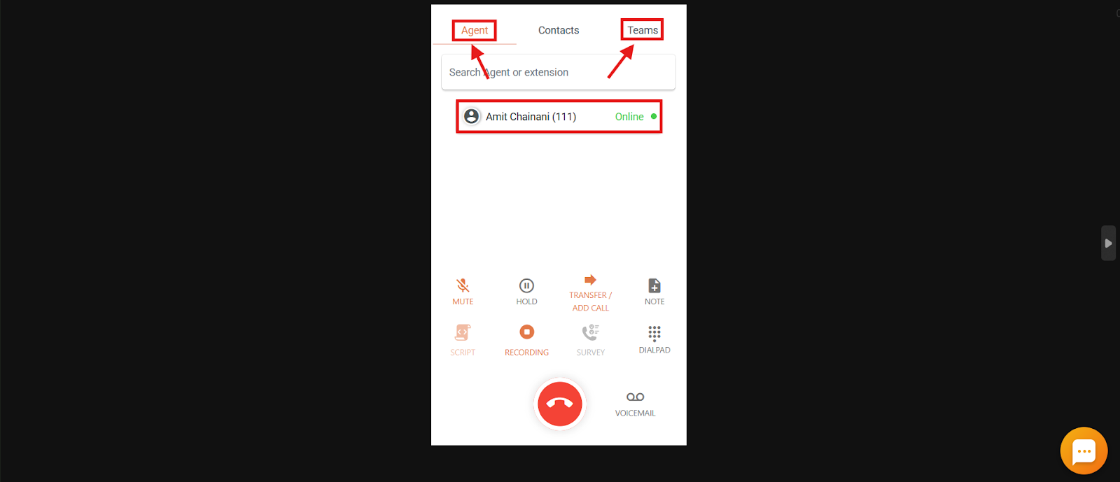 Agent tab showing an online agent that can be added to the call
