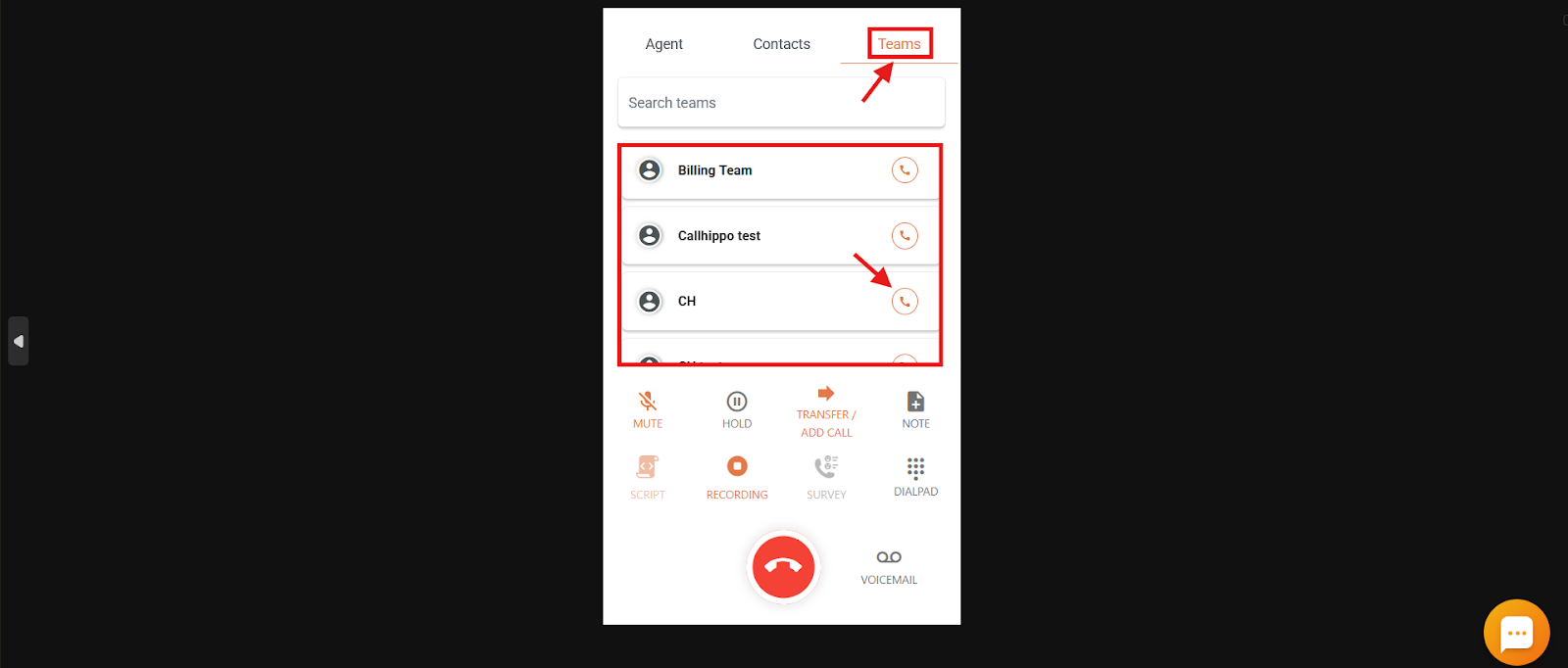 Teams tab listing teams that can be added to the call