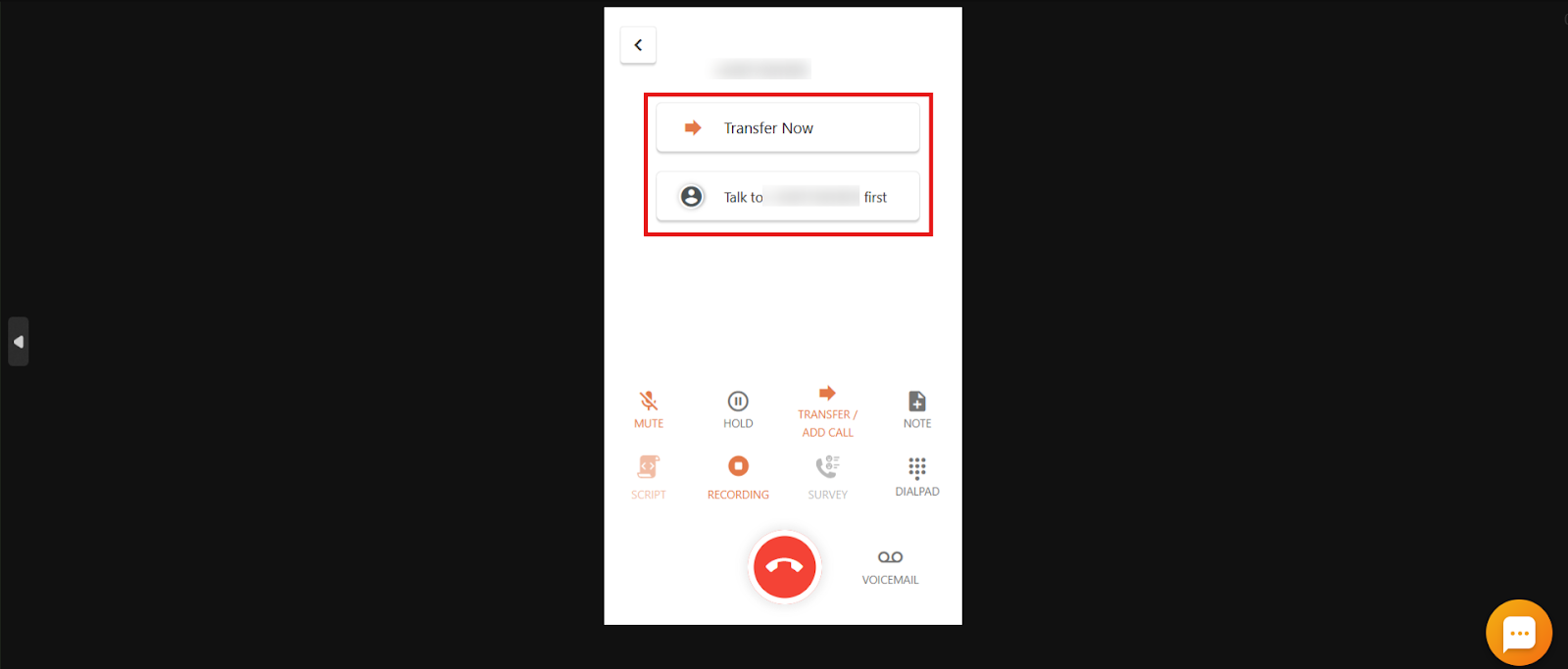 Two options after connecting: Transfer Now and Talk to the new caller first