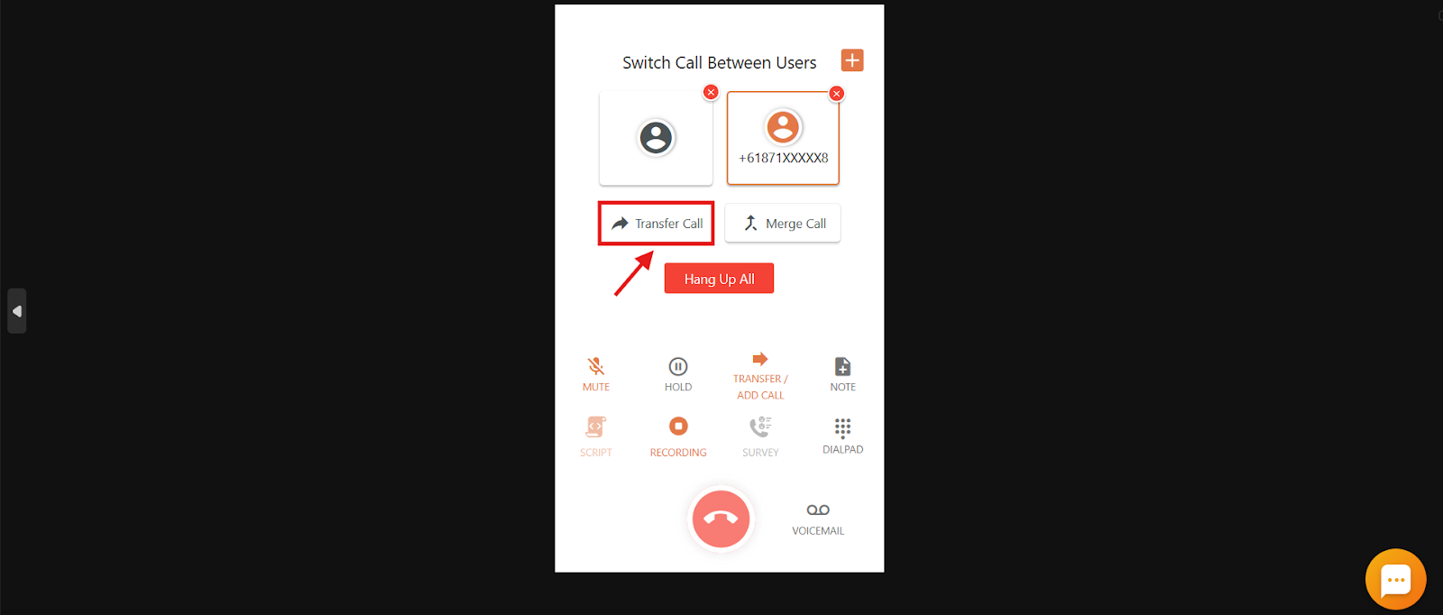 Switch Call Between Users screen with the Transfer Call button highlighted