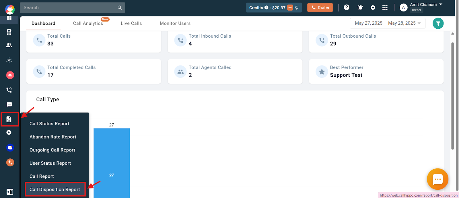CallHippo Reports menu with Call Disposition Report option highlighted