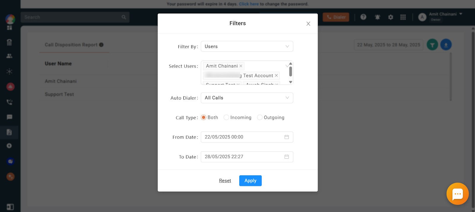Call Disposition Report filter dialog with users, auto dialer, call type and date range