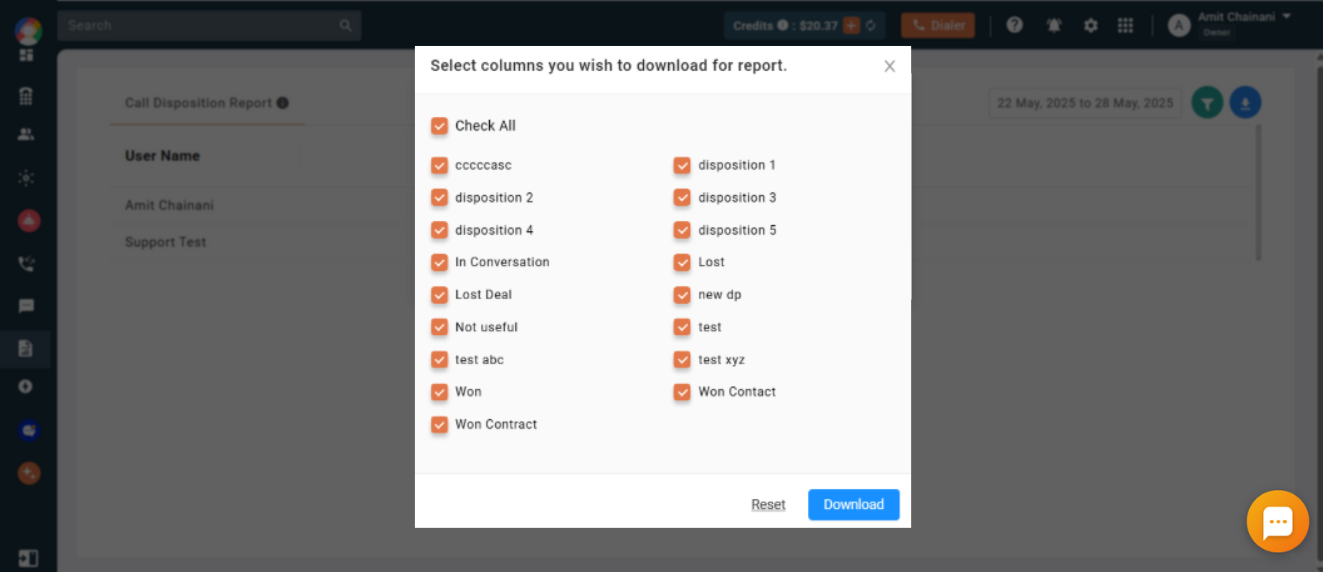 Column selection dialog for downloading the Call Disposition Report