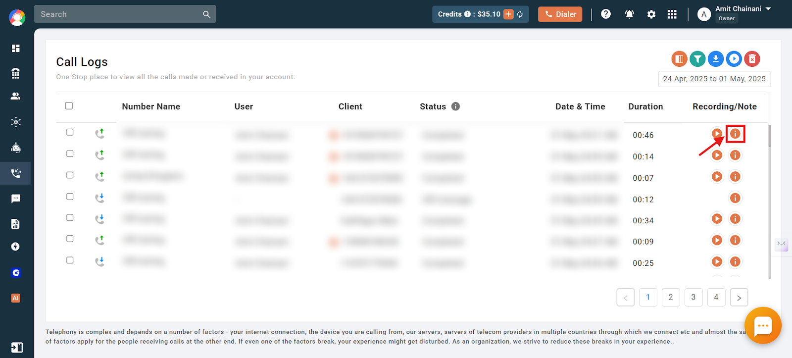 Call Logs list with the info (i) icon highlighted in the Recording/Note column