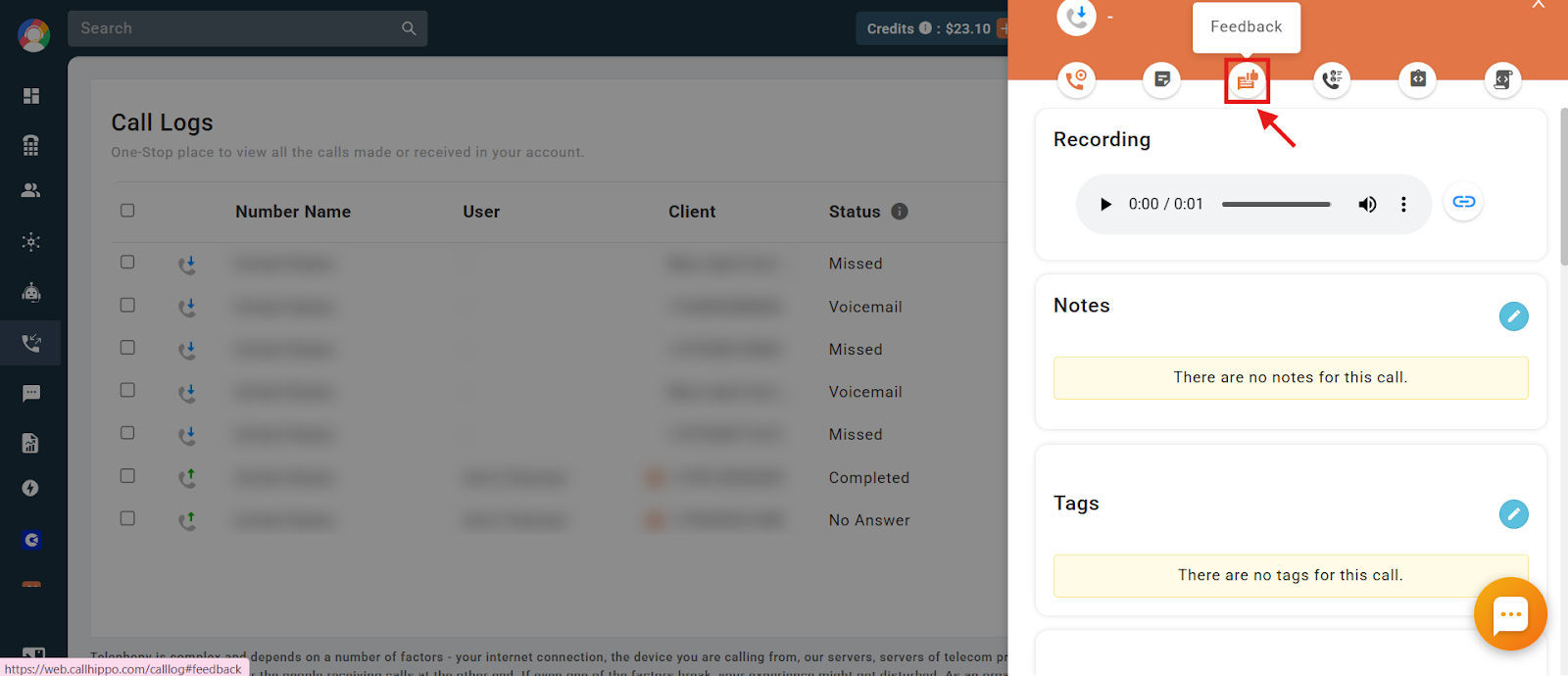 Call detail panel with the Feedback tab icon highlighted