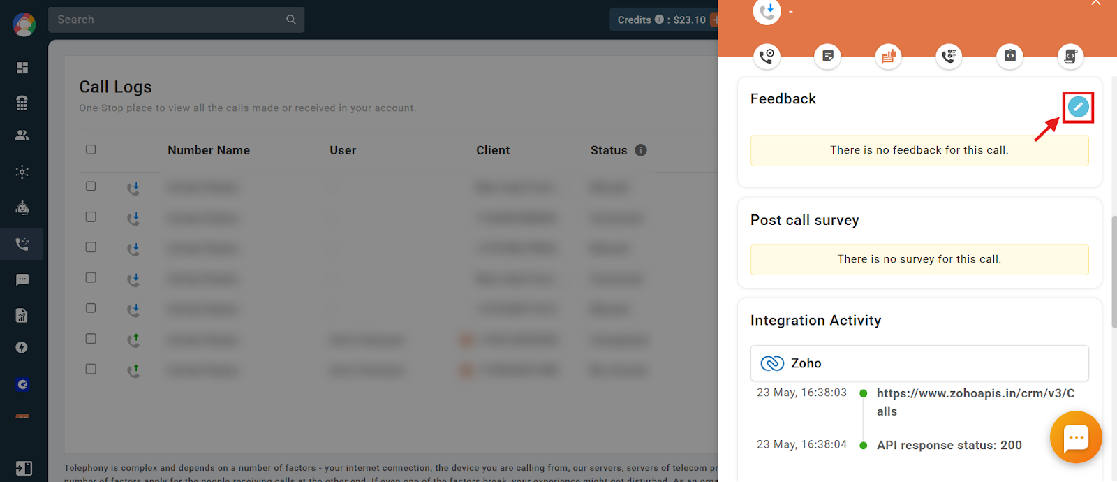 Feedback section showing no feedback yet with the blue edit icon highlighted