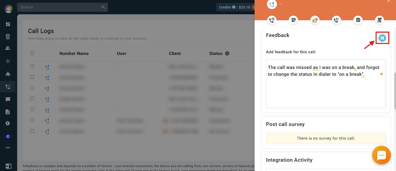 Feedback text box with a typed comment and the save icon highlighted