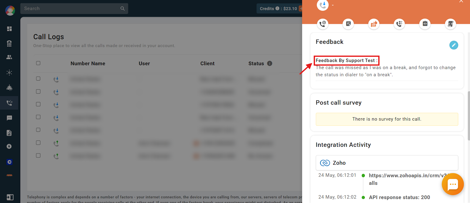 Saved feedback entry labeled with the username of the person who added it