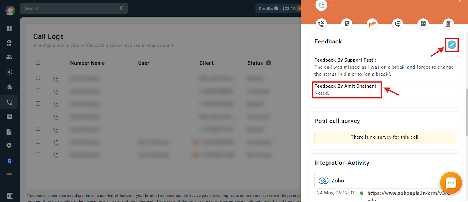 Feedback section showing two separate feedback entries from different users