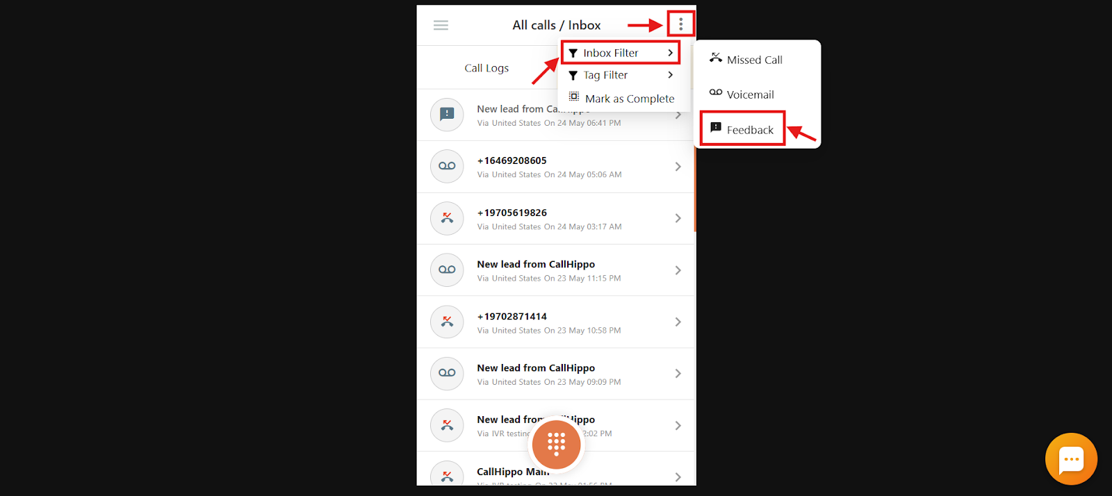 Three-dot menu open showing Inbox Filter with the Feedback option highlighted