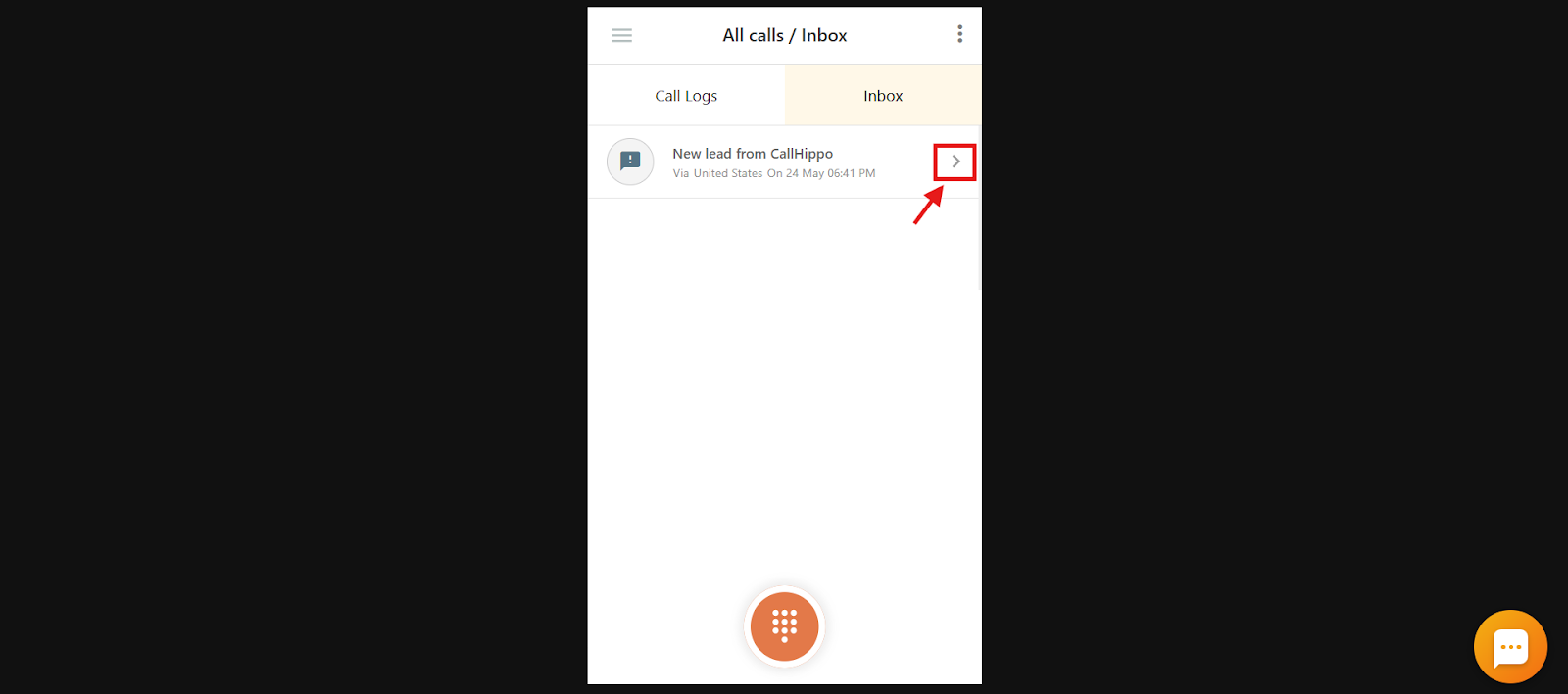 Filtered call entry with the arrow icon highlighted to open call details