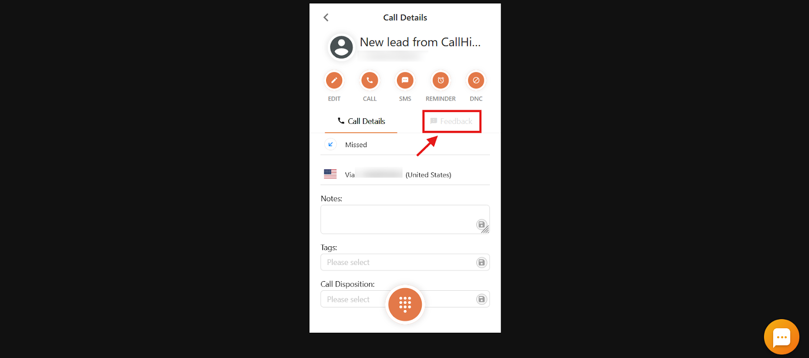 Call Details screen with the Feedback tab highlighted to view added feedback