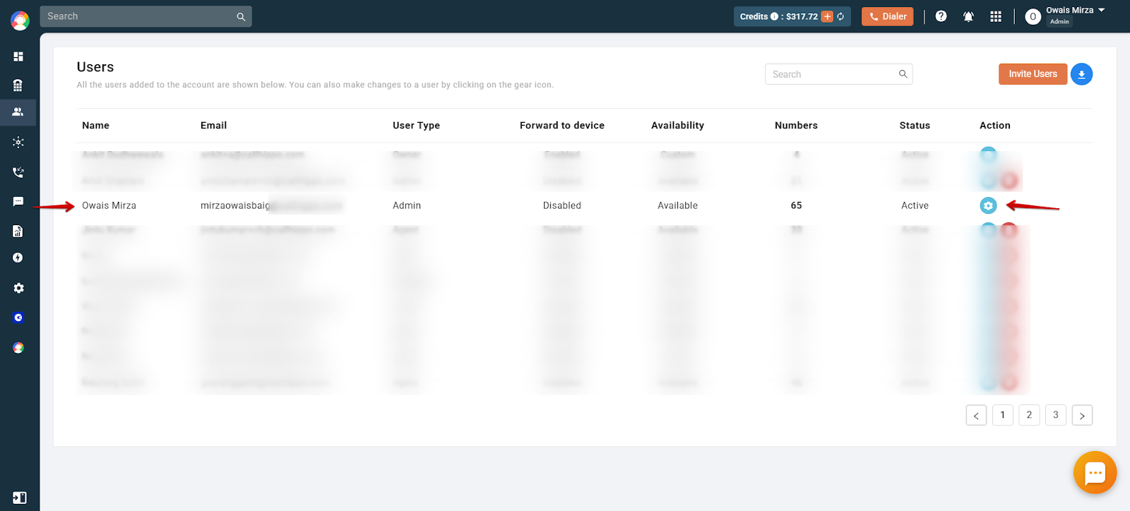 CallHippo Users list with the gear icon highlighted next to a user to open settings