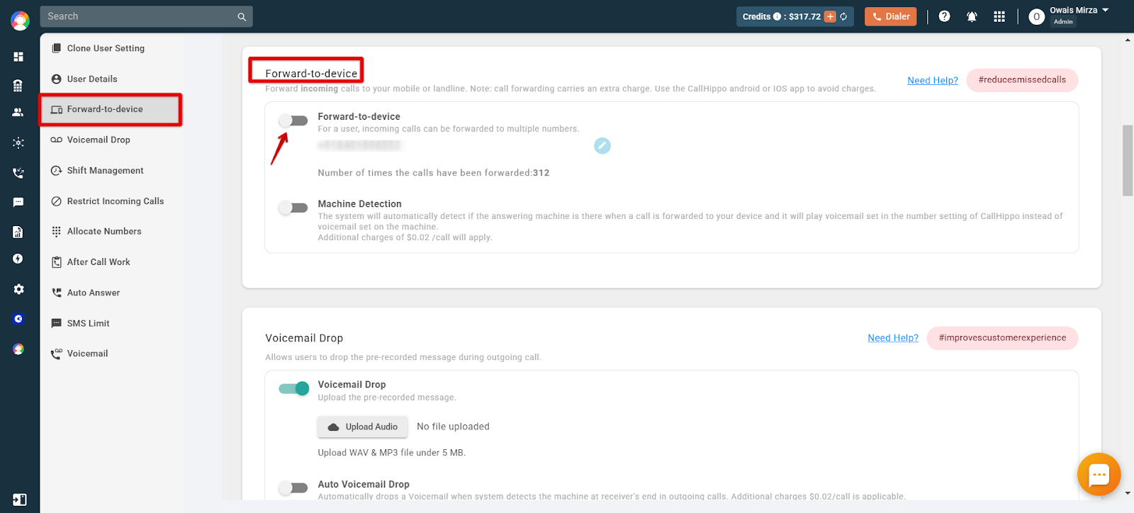 CallHippo user settings with the Forward-to-Device tab and toggle highlighted