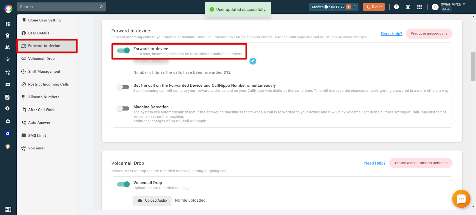 CallHippo Forward-to-Device toggle switched on with a user updated successfully message