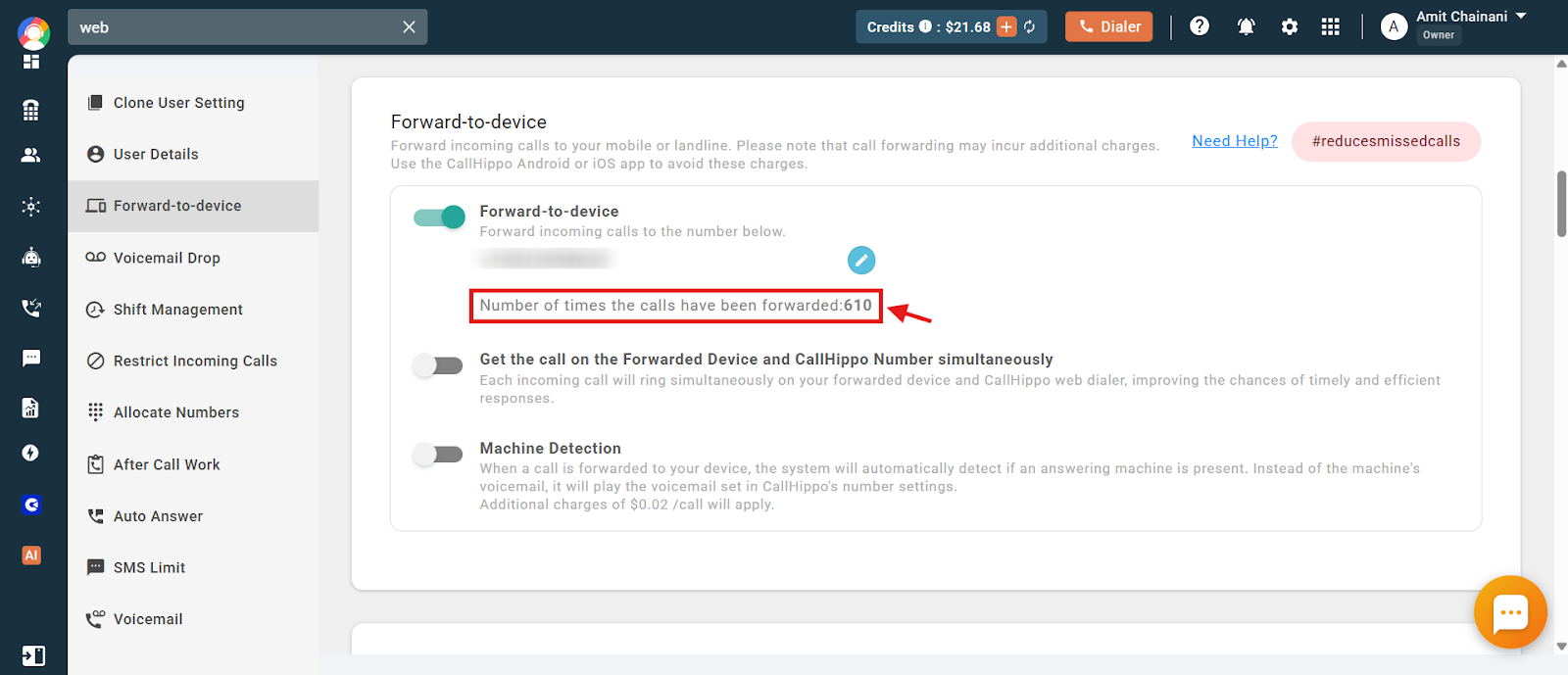 CallHippo Forward-to-Device screen highlighting the count of times calls have been forwarded