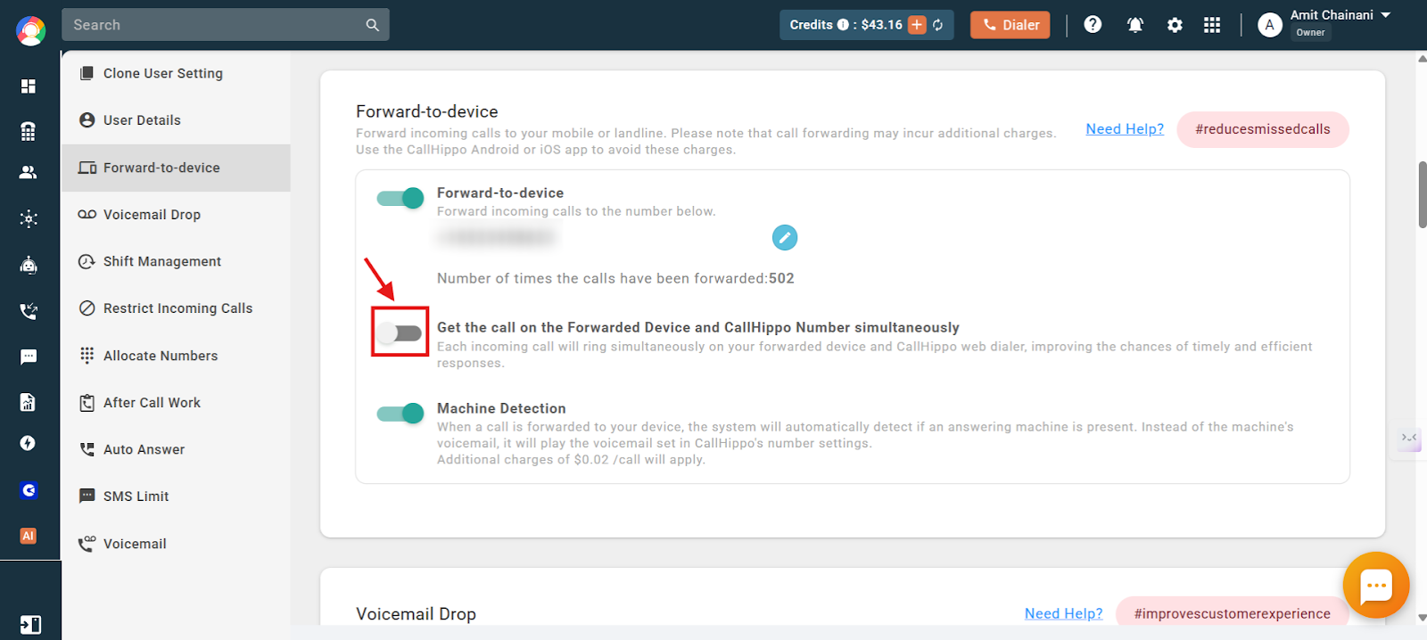 CallHippo setting to ring the forwarded device and CallHippo number simultaneously highlighted
