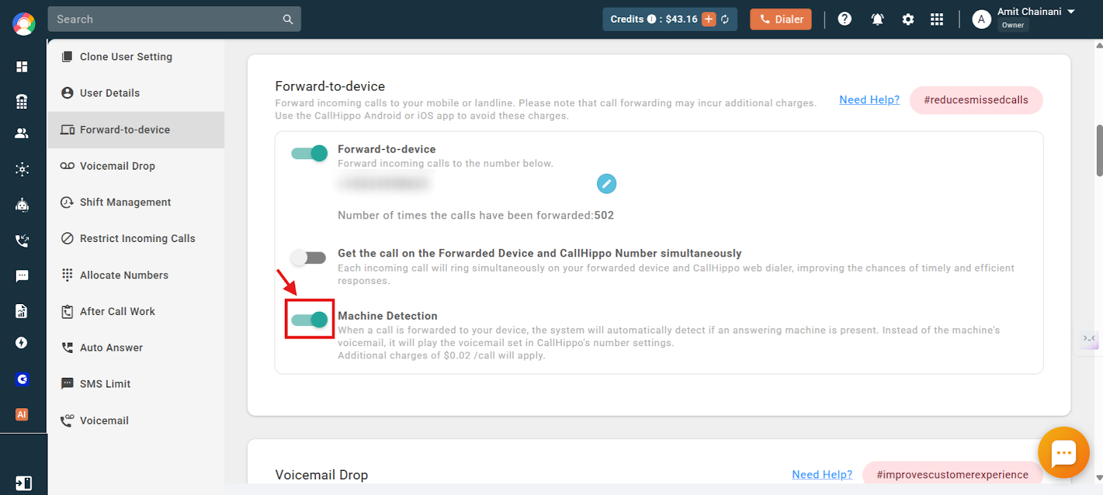 CallHippo Machine Detection toggle enabled in Forward-to-Device settings