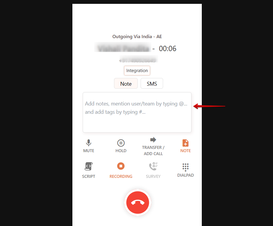 CallHippo dialer during an active call with the note field highlighted for adding notes and tags