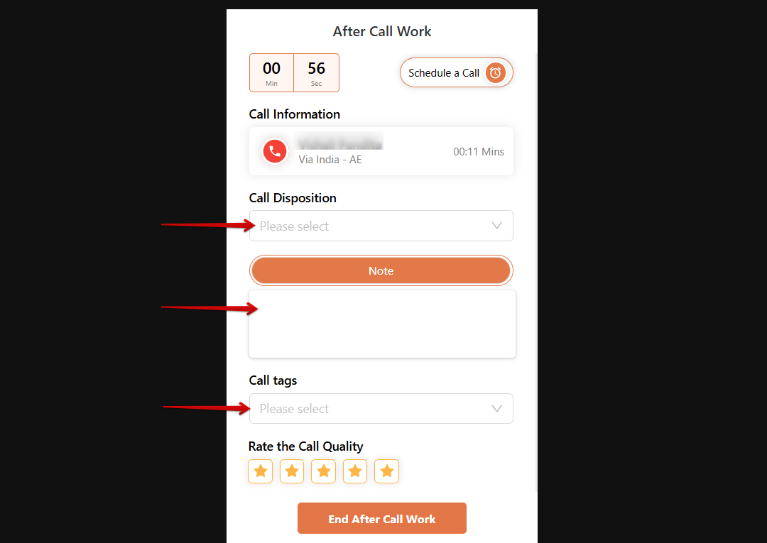 After Call Work screen showing Call Disposition, Note, and Call tags fields