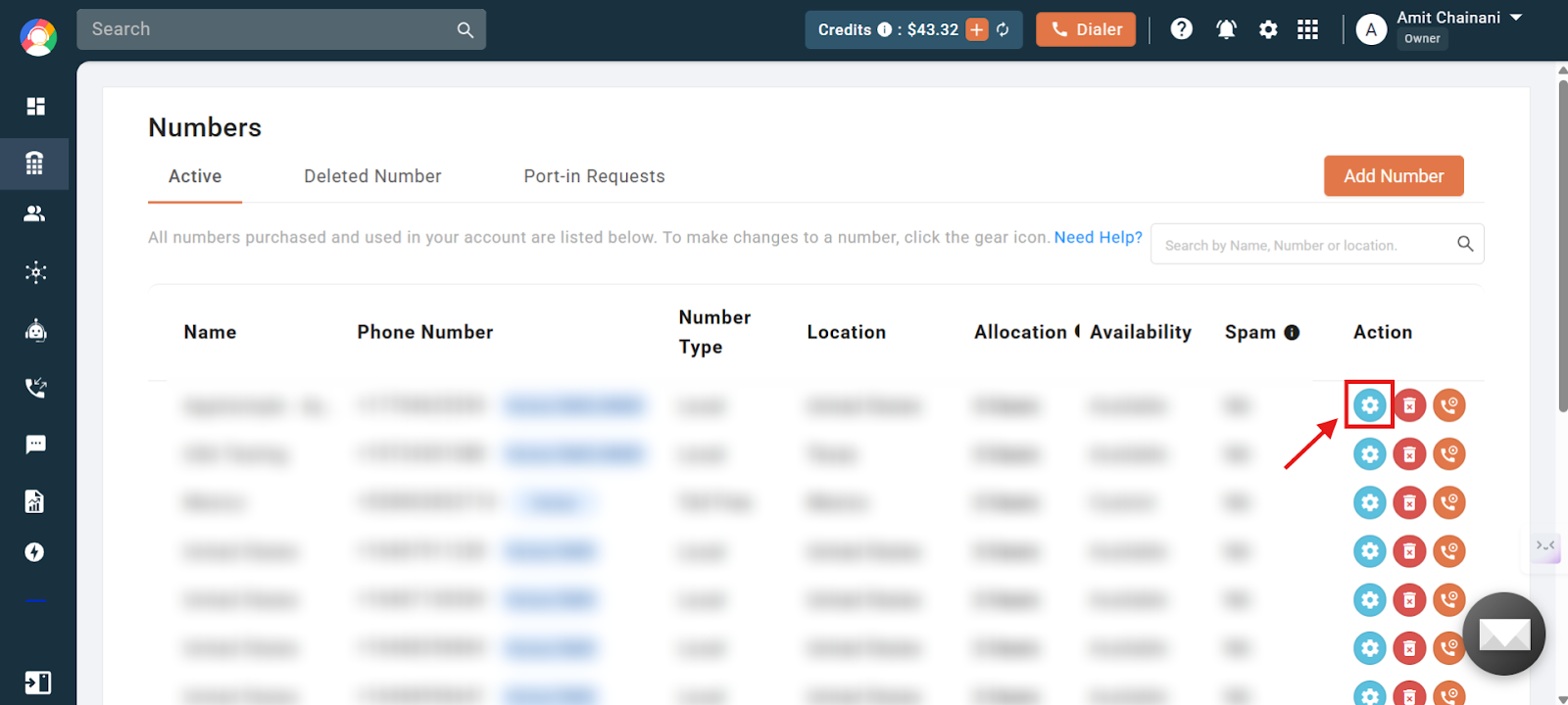 CallHippo Numbers list with the settings gear icon highlighted in the Action column