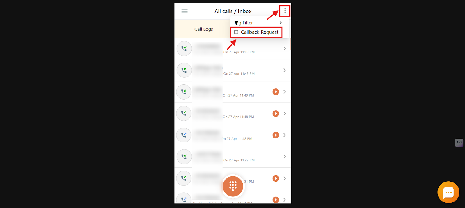 All calls Inbox with the three-dot menu open and the Callback Request checkbox highlighted