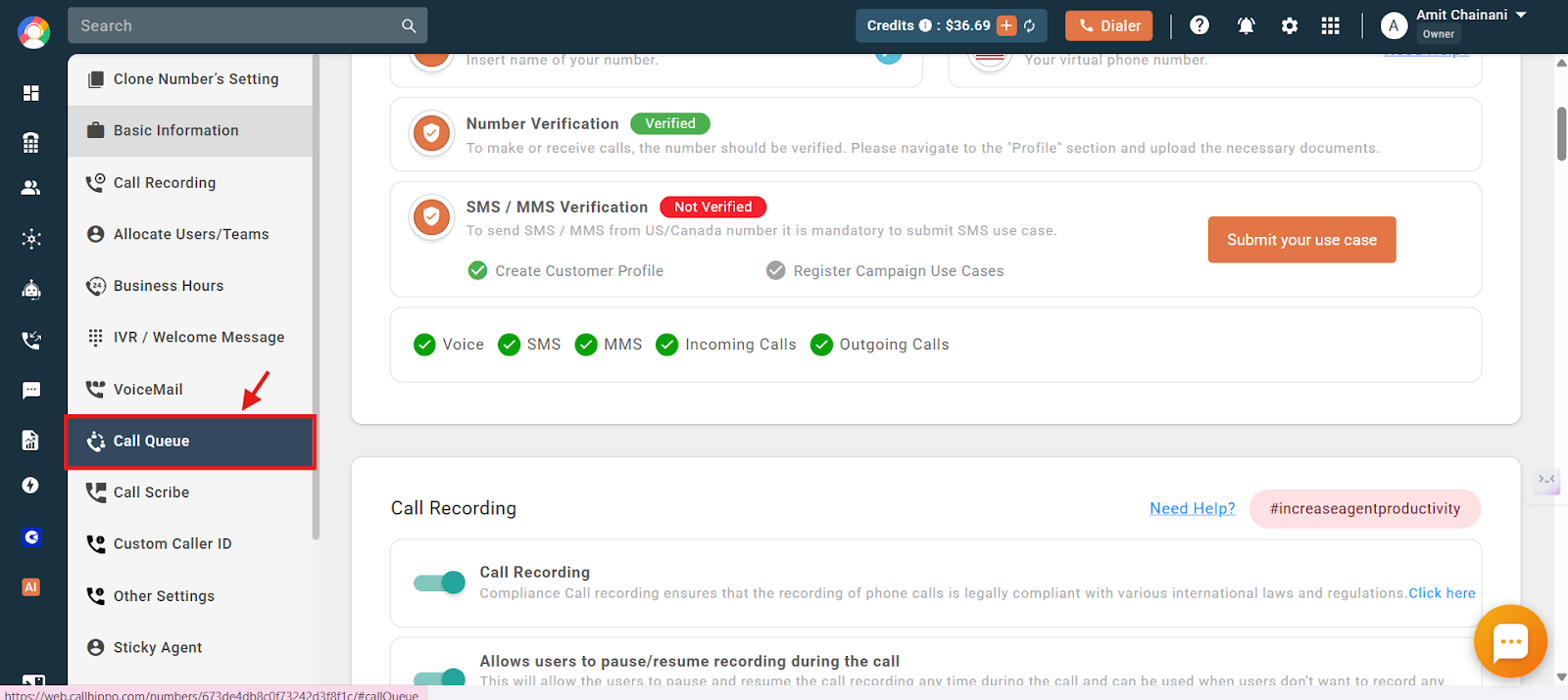 Number settings sidebar with the Call Queue option highlighted