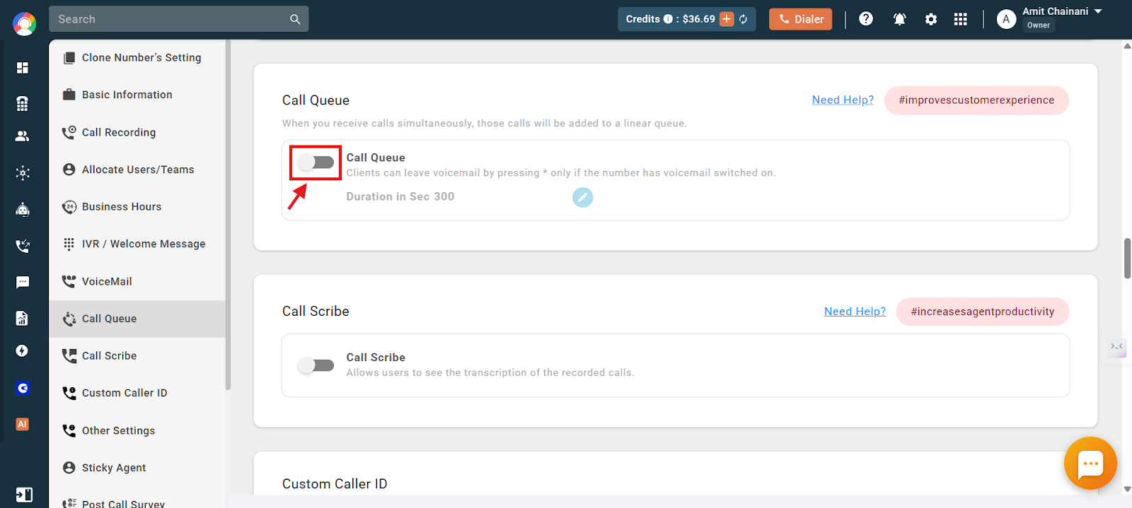 Call Queue settings with the enable toggle highlighted