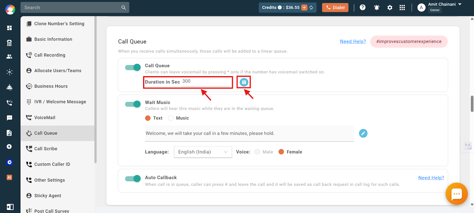 Call Queue duration field set to 300 seconds with the save icon and Wait Music option