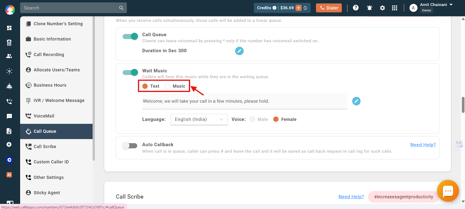 Wait Music options with Text and Music choices and a custom hold message