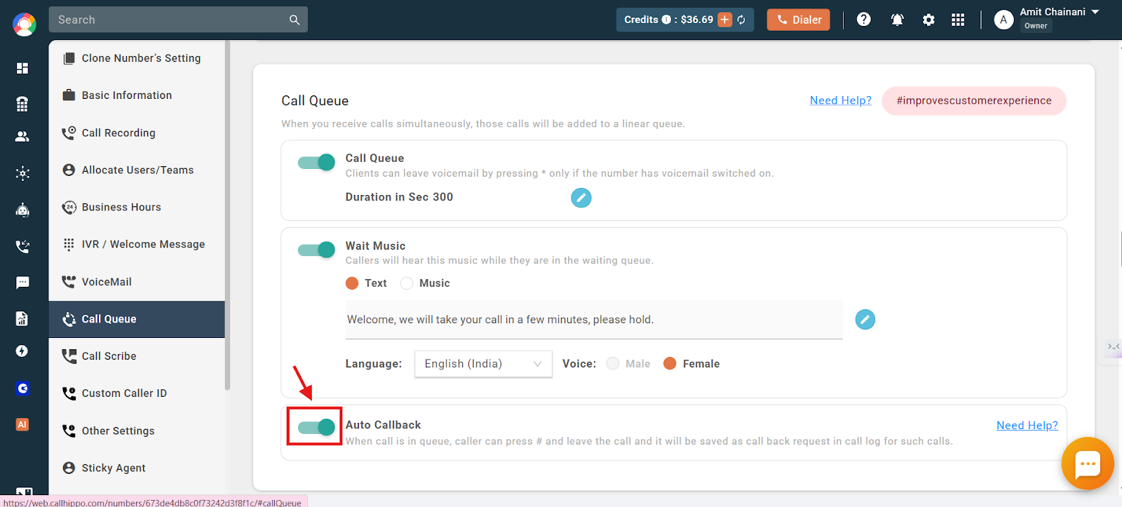 Call Queue settings with the Auto Callback toggle highlighted
