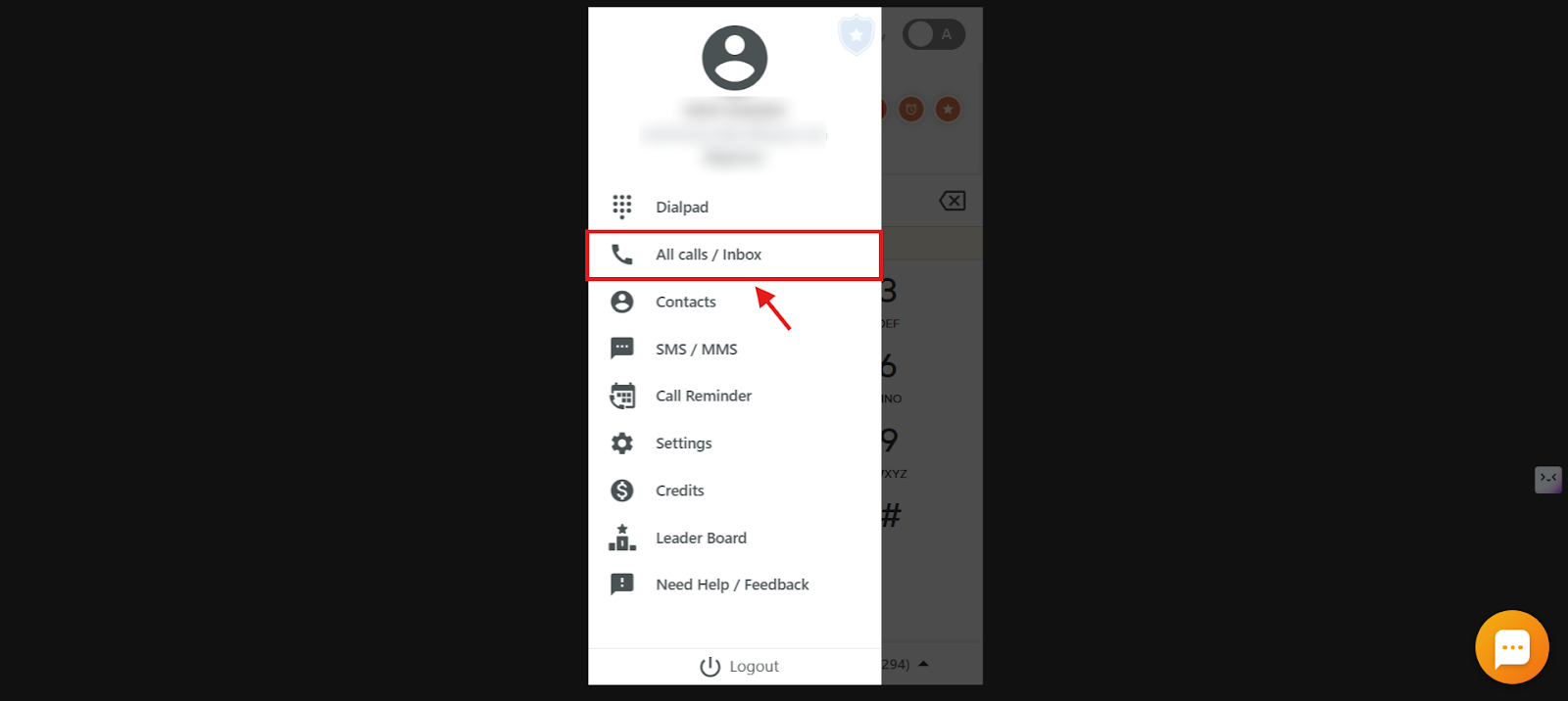 Dialer menu open with the All calls / Inbox option highlighted