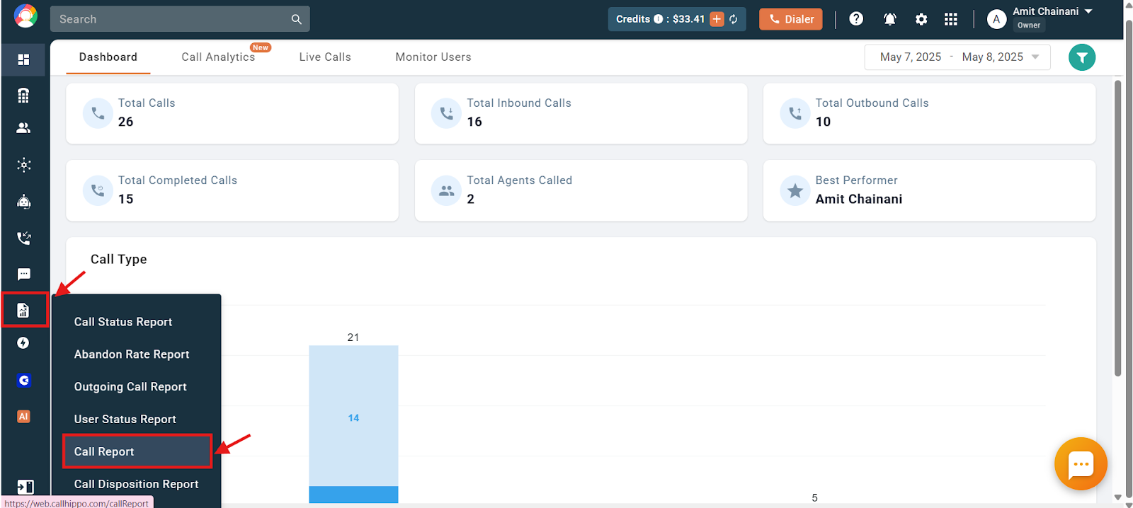 CallHippo Reports menu expanded with the Call Report option highlighted