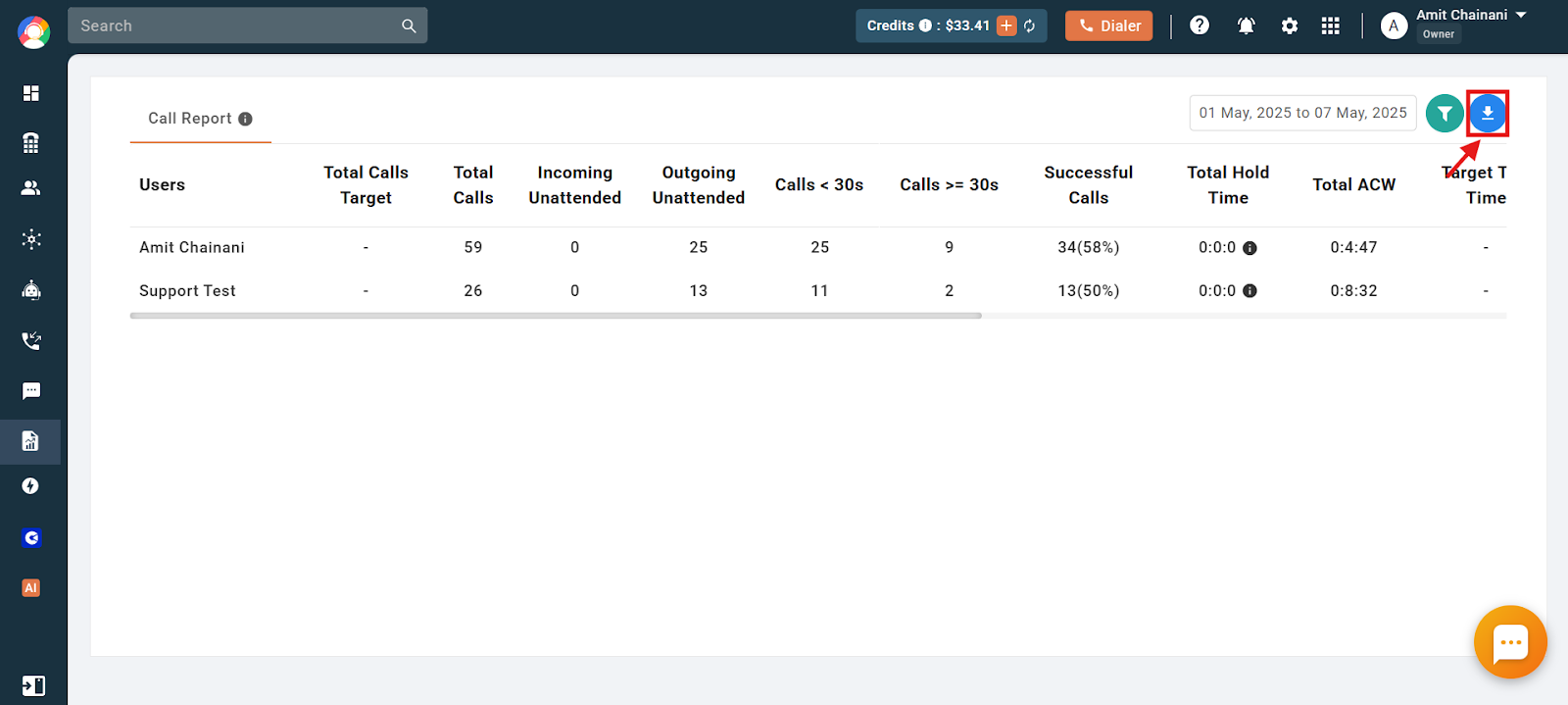 Call Report screen with the download icon highlighted in CallHippo