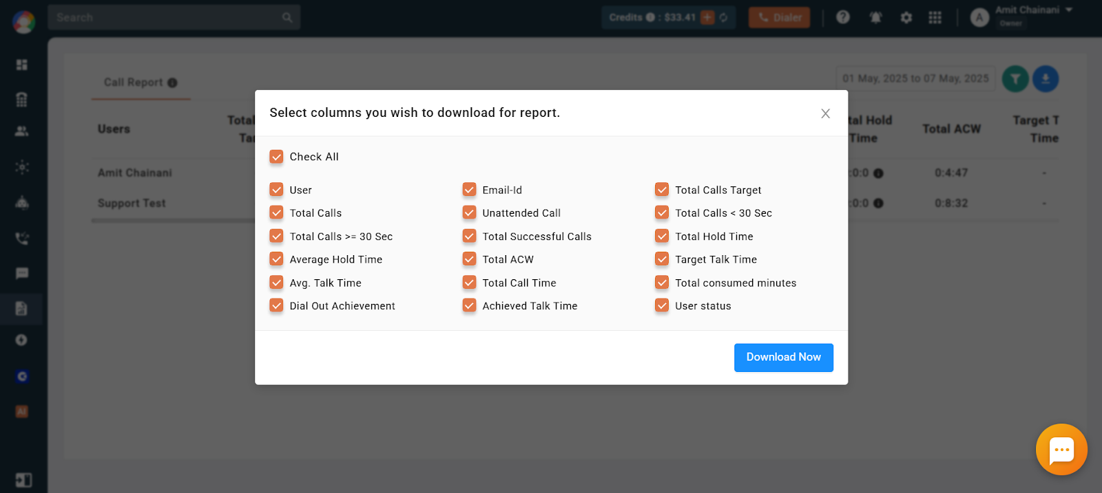 Dialog to select columns and download the Call Report in CallHippo