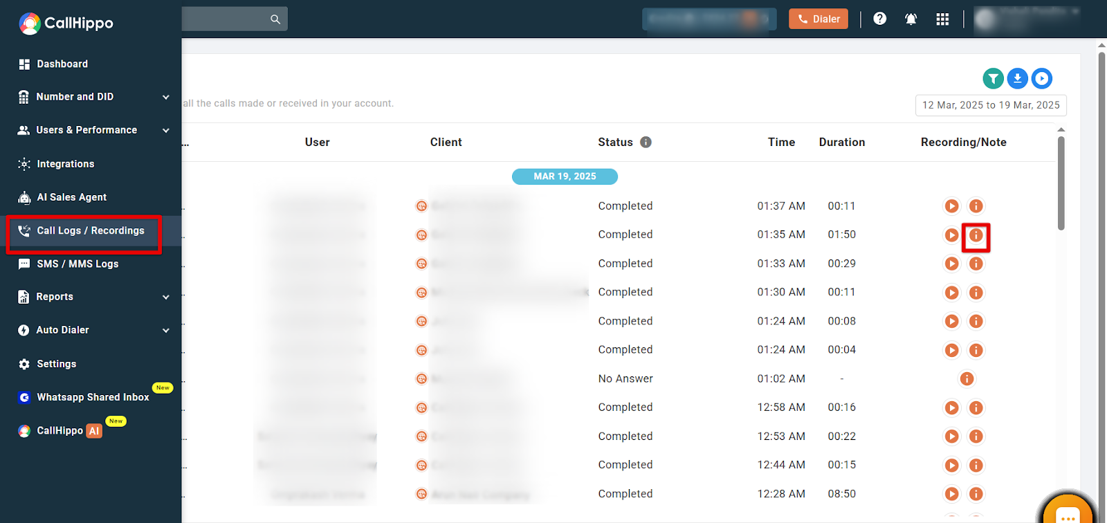CallHippo Call Logs and Recording page with the info (i) icon