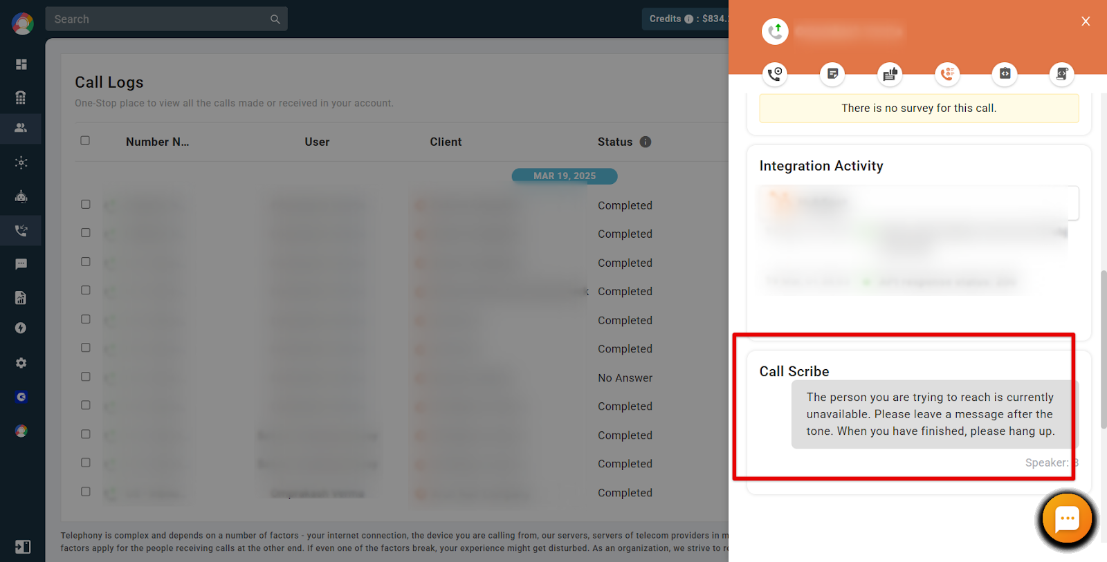 Call transcript displayed for a recorded call in CallHippo