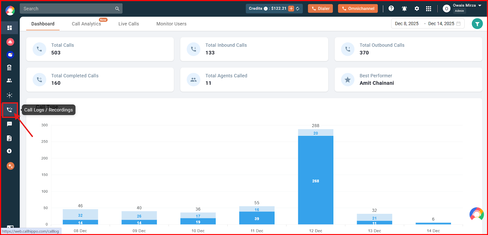 CallHippo dashboard with the Call Logs / Recordings option highlighted in the left sidebar