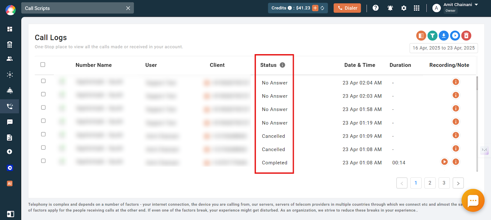 CallHippo Call Logs table with the Status column highlighted showing No Answer, Cancelled, and Completed