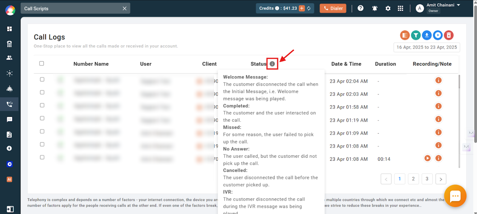 Info icon next to the Status column showing a tooltip with definitions for each call status