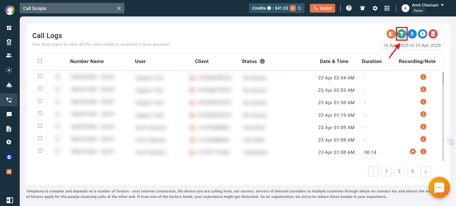 Filter icon highlighted in the top right of the CallHippo Call Logs section