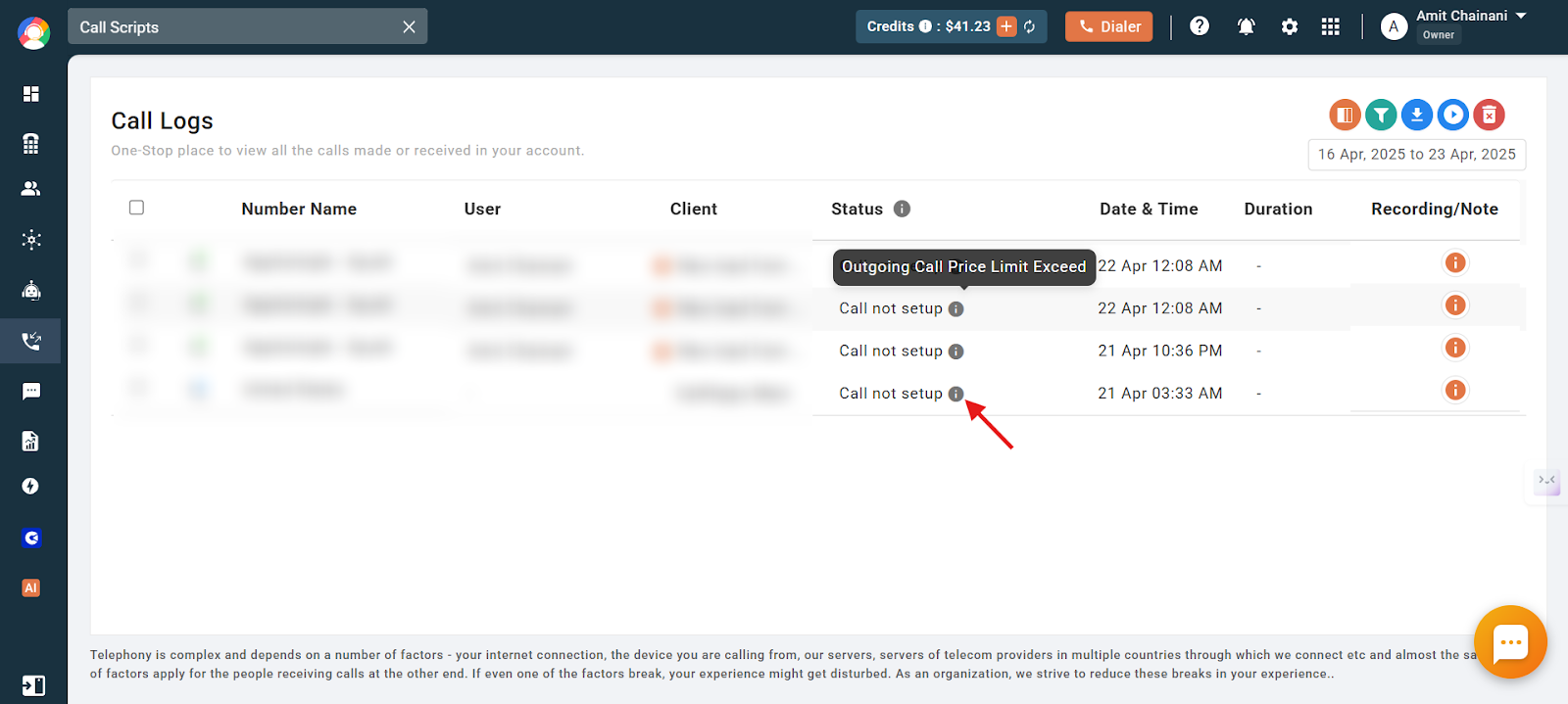 Call not setup status with info icon tooltip showing Outgoing Call Price Limit Exceed reason