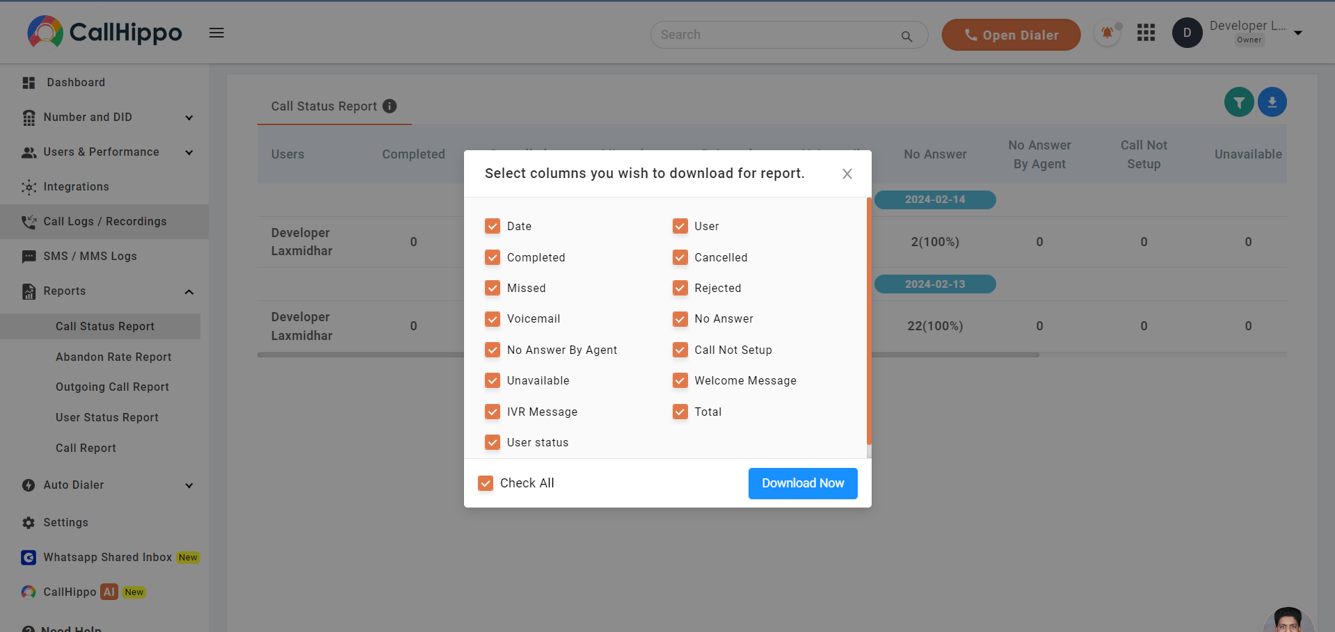 Dialog to select columns and download the call status report in CallHippo