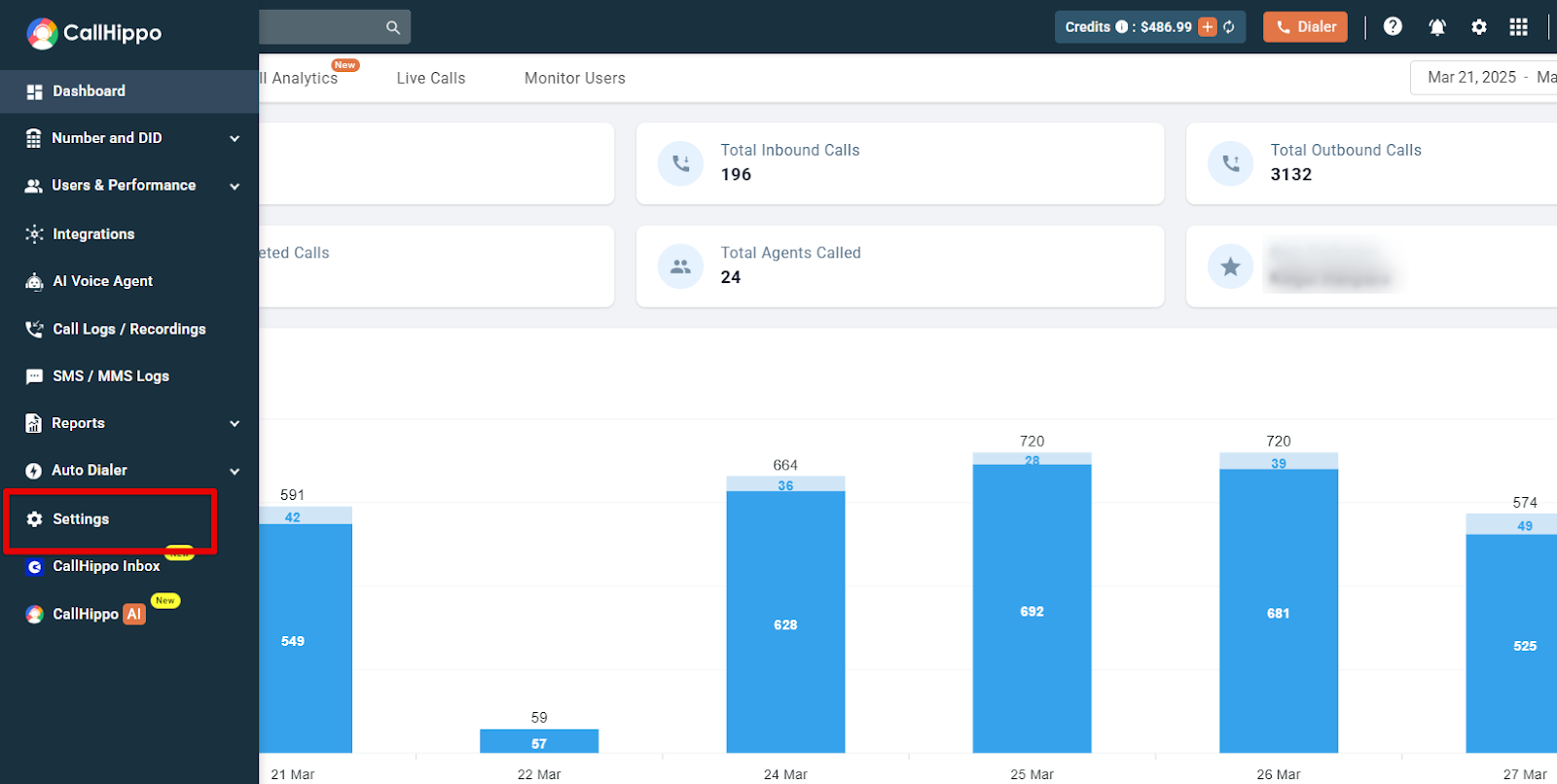 CallHippo dashboard with the Settings tab highlighted in the left menu