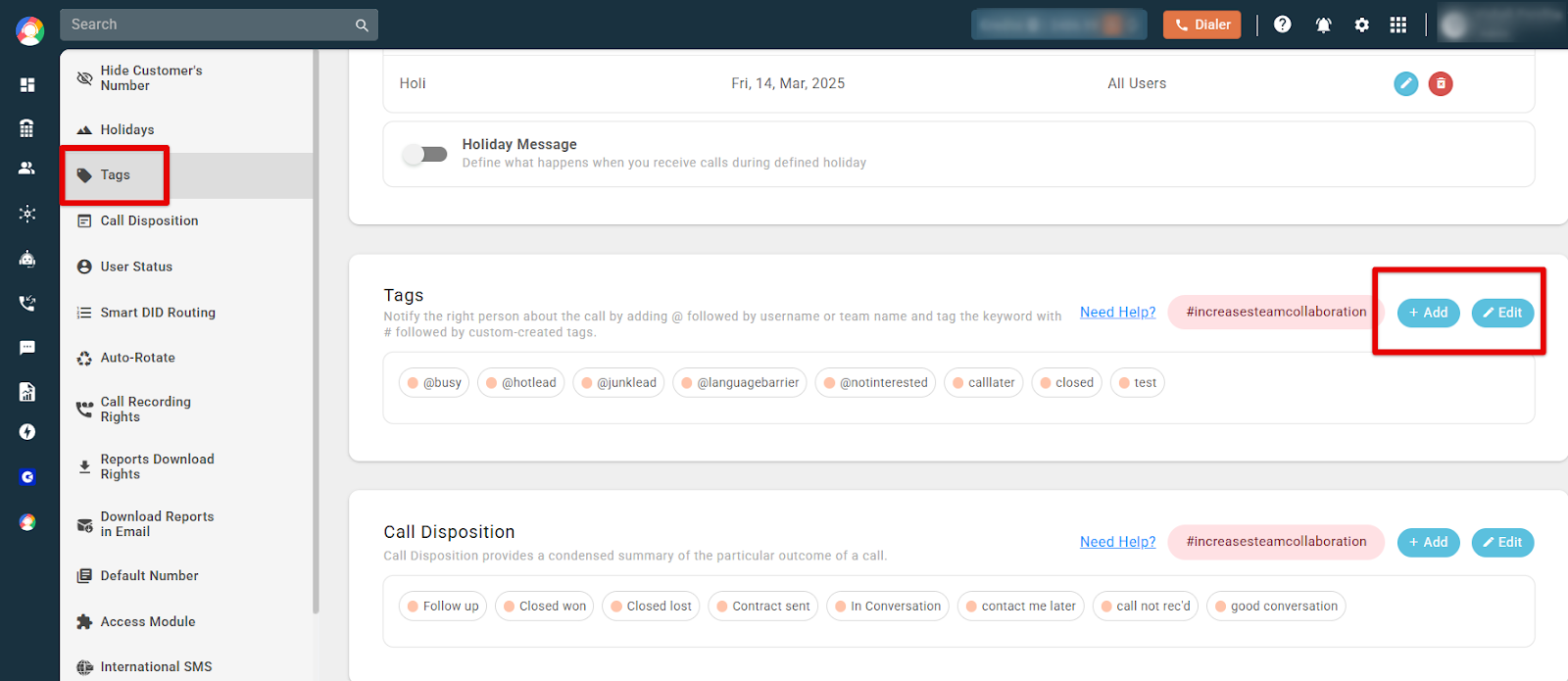 Tags section in CallHippo Settings with the Add and Edit buttons highlighted